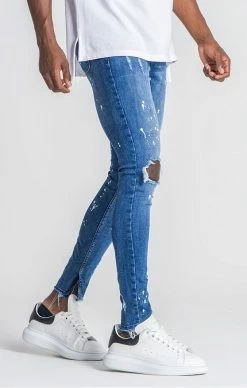 Gianni Kavanagh Modré Jeany Dripy -MIKINY Prodejní prodejna gianni kavanagh bleach splatter blue jeans 2
