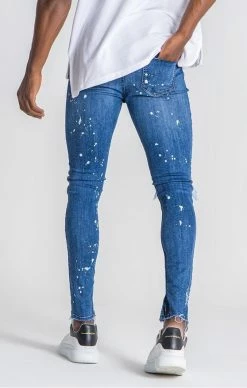 Gianni Kavanagh Modré Jeany Dripy -MIKINY Prodejní prodejna gianni kavanagh bleach splatter blue jeans 3
