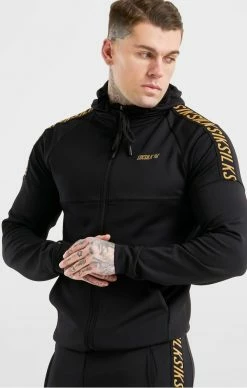 Sik Silk Black Sports Zip Through Tape Hoodie