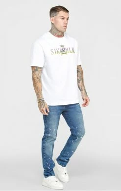 Sik Silk Pánské Modré Jeany Bleached Slim Fit Denim -MIKINY Prodejní prodejna sik silk panske cerne jeany flight skinny fit 5