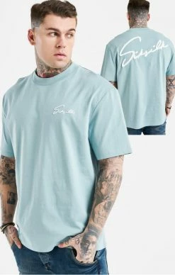 Sik Silk Pánské Modré Tričko Script Embroidery Oversized