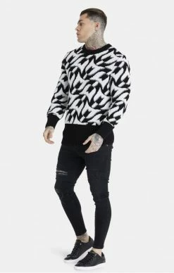 Sik Silk X Messi Pánský ČernoBílý Svetr -MIKINY Prodejní prodejna sik silk x messi chunky knit monogram jumper black ecru 2
