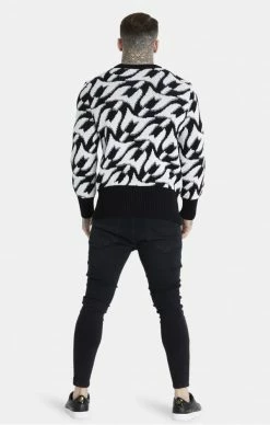 Sik Silk X Messi Pánský ČernoBílý Svetr -MIKINY Prodejní prodejna sik silk x messi chunky knit monogram jumper black ecru 4