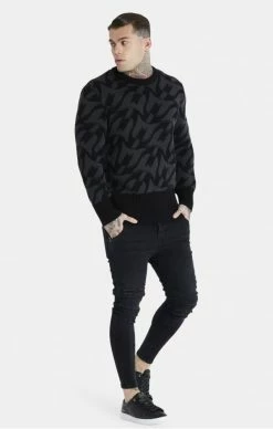 Sik Silk X Messi Černý Pánský Svetr -MIKINY Prodejní prodejna sik silk x messi monogram chunky knit jumper black 2